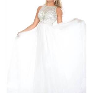 NEW PRECIOUS FORMALS stoned bodice and soft flowy skirt prom dress in white